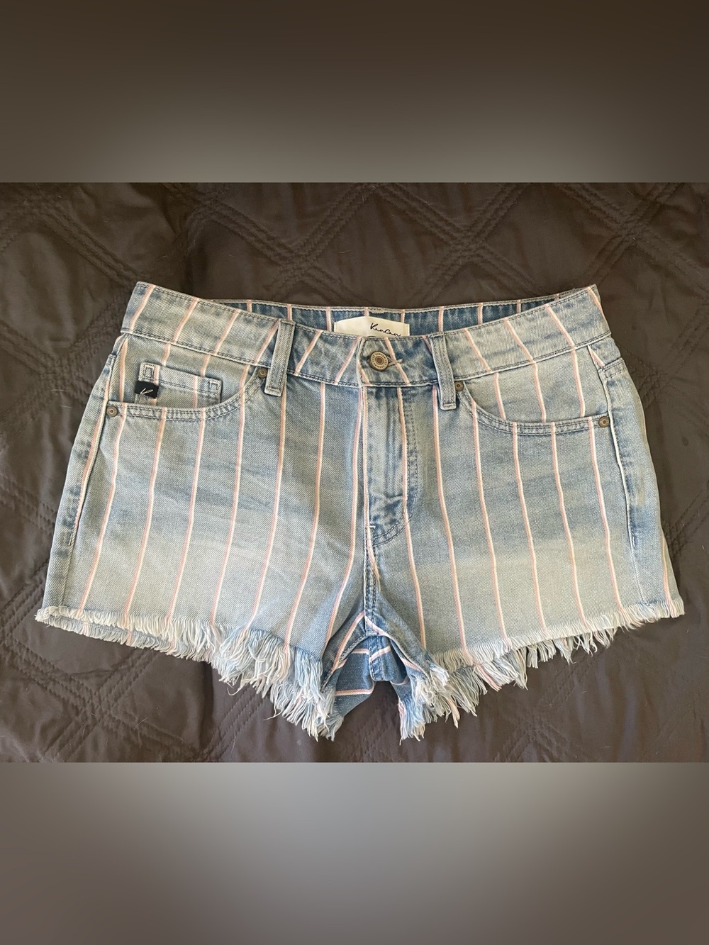 KanCan Light Blue Denim Shorts with Pink Pinstripes